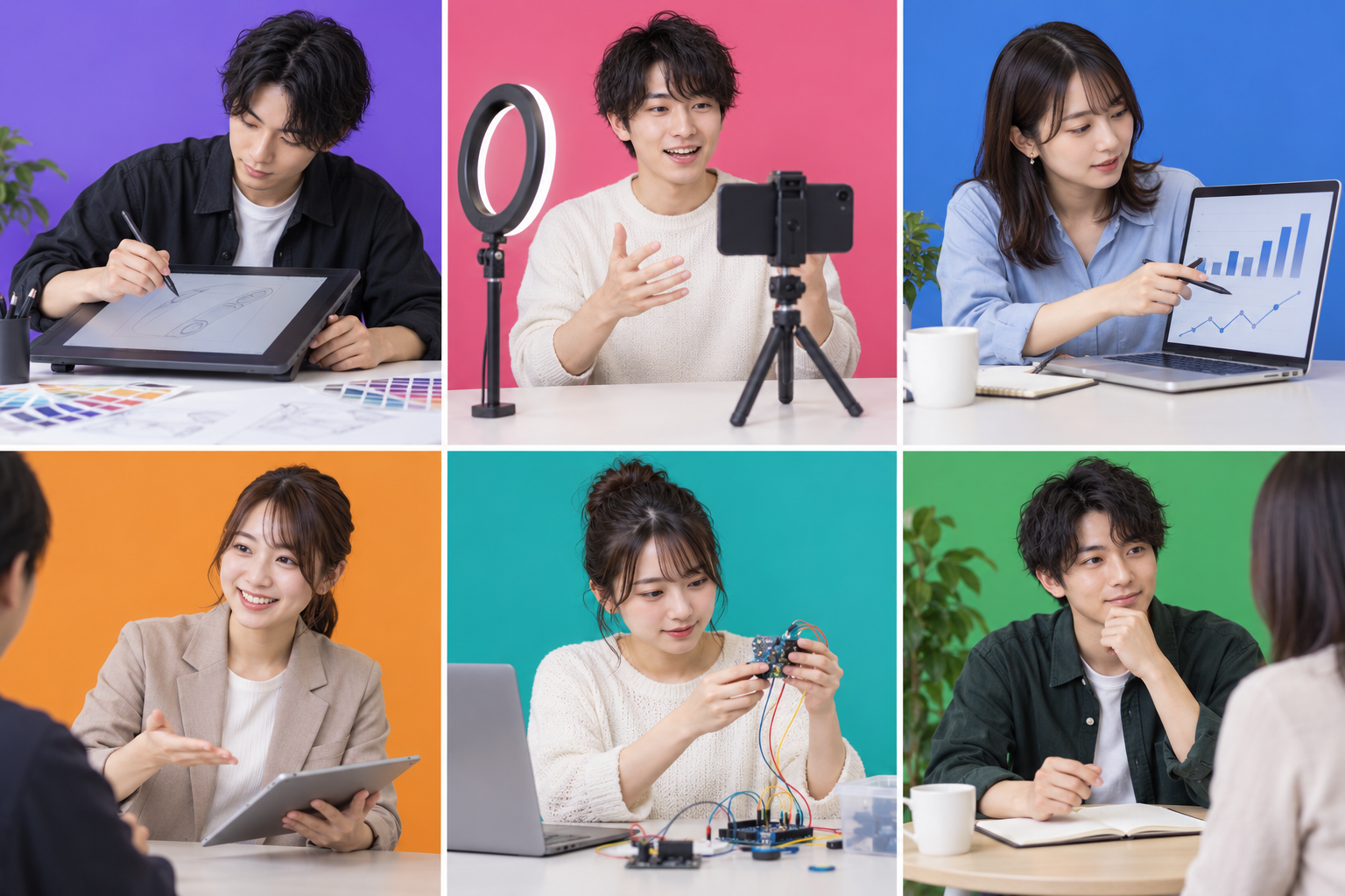 6つの仕事タイプを表す、色分けされた6人の写真